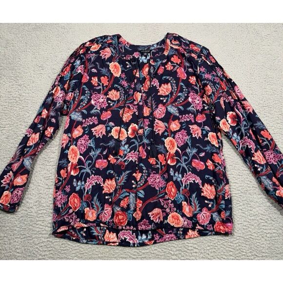 Lucky Brand Tops - Lucky Brand Womens Blouse XL Dark Blue Red Pink Floral Long Sleeve Tie‎ Front
